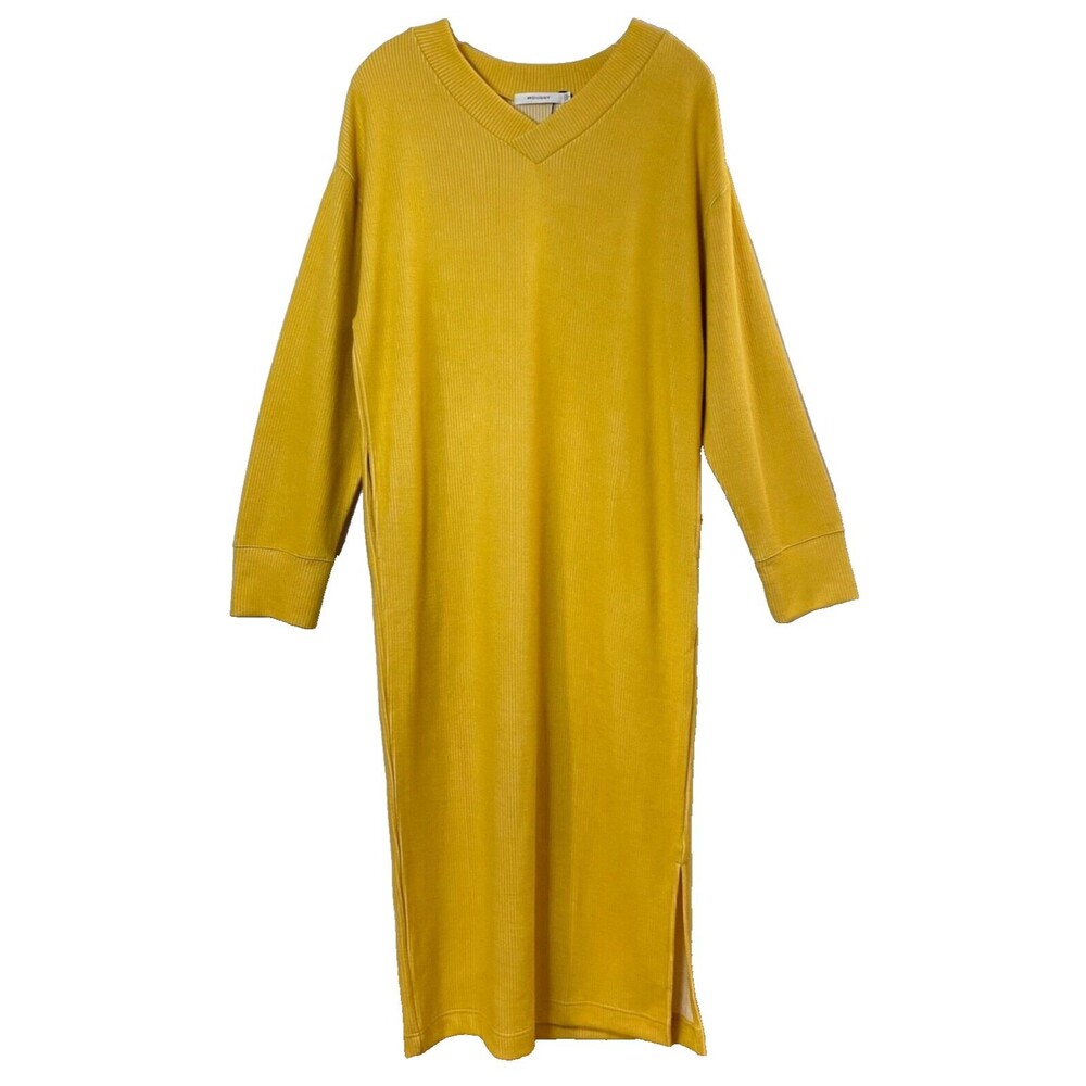 Moussy Maxi Interlock Knit Dress Women Size 2 (Medium) Mustard Yellow White NWOT